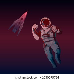 Vector illustration. Polygonal rocket with astronaut on a gradient violet background.