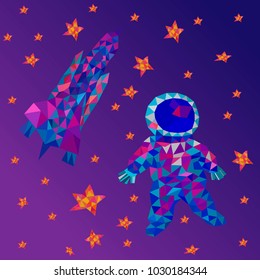 Vector illustration. Polygonal rocket ,stars and space on a purple background.