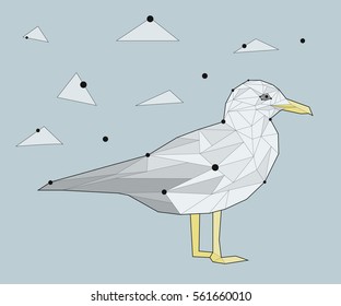 Vector illustration with polygonal seagull. Low poly background with cute seagull.