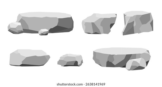 A vector illustration of polygonal shape rocks in flat style with gray color, suitable for games, design assets or digital decoration.