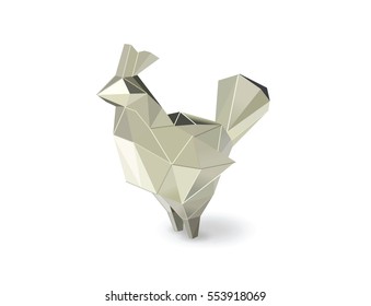 Vector  illustration of polygonal silver rooster figure, low poly animal modern icon, farm cock logo