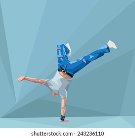 vector  illustration in polygonal style of a guy dancing break-dance