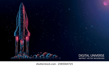 Vector illustration. Polygonal style. Technological abstract futuristic dark blue background. Spaceship launch from the cosmodrome. Future, technology and innovation. Satellite at the cosmodrome.