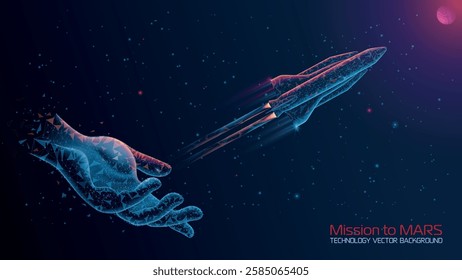 Vector illustration. Polygonal style. Technological abstract futuristic dark blue background. Human hand launches space satellite to planet Mars. Glow effect. Future, technology and innovation. 