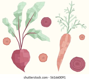 Vector illustration with polygonal vegetables: carrot and beet. Colorful vector low poly vegetables.