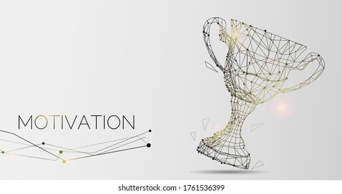 Vector illustration with polygonal winner cup and word MOTIVATION on grey background, panorama