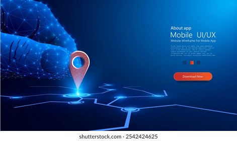 Vector illustration of a polygonal wireframe hand interacting with a digital location pin. Perfect for themes of GPS, navigation, technology, digital maps, and futuristic connectivity.