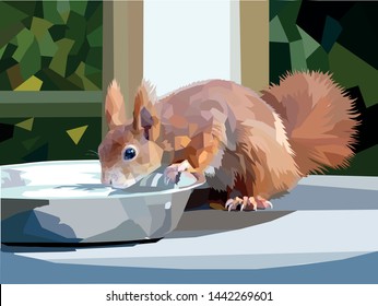 Vector illustration PolyLow Squirrel drinks