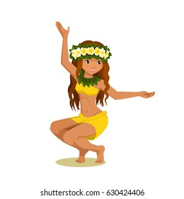 Vector illustration of polynesian female dancer  in yellow top and skirt with garland of plumeria flowers and with leaf necklace