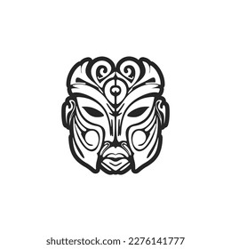 Vector illustration of a Polynesian mask tattoo in black and white.