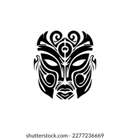 Vektorgrafik einer Tätowierung mit polynesischer Maske in Schwarz-Weiß-Tönen.