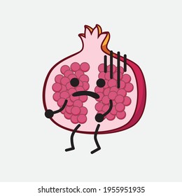 Ilustración vectorial del personaje de la fruta granada con cara linda, manos simples y líneas de la pierna en fondo aislado. Estilo de dibujo animado plano.