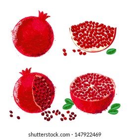 Vector illustration of pomegranate fruits. The drawing imitates dry brush watercolor technique. Set of four images for package design of juice boxes, jelly, jam. One of ancient holy Israeli symbols