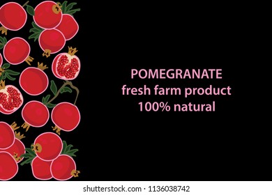 vector illustration of pomegranate and leaf design background black and fruit and text fresh farm product 100% natural EPS10