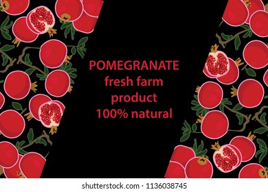 vector illustration of pomegranate and leaf design background black and fruit and text fresh farm product 100% natural EPS10
