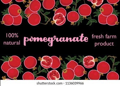 vector illustration of pomegranate and leaf design with lettering pomegranate background black and fruit and text fresh farm product 100% natural EPS10