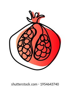 Vector illustration of pomegranate in one line endless style. Red and light red abstract spot background. Can be applied as a sticker, icon, logo.