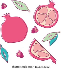 Vector illustration of pomegranate. Pomegranate Set. Art can be used for postcard, menu design, printing.