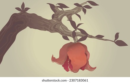 Vector illustration of a pomegranate tree with a juicy sweet ripe red fruit, in watercolor