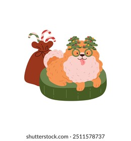 Vector illustration of a pomeranian puppy in Christmas tree glasses and with an outstretched tongue lying on a soft pillow next to a bag of sweet caramel canes