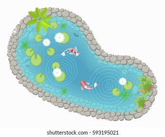 Vector illustration. Pond with carp and lotus flowers. (Top view) Lake with fish and plants. (View from above)