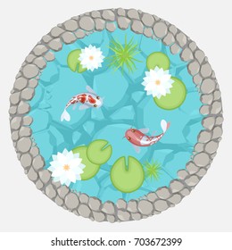 Vector illustration. Pond with carp and lotus flowers. (Top view) Lake with fish and plants. (View from above)