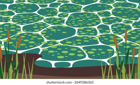 Vector illustration of a pond with reeds in a flat style.