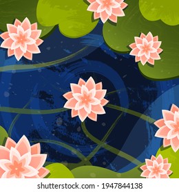 Vector illustration of a pond with water lilies and lotuses, top view. Beautiful illustration for background, print, design.