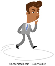 Vector illustration of a pondering asian cartoon businessman walking in circles isolated on white background