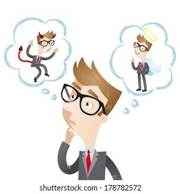 Vector illustration of a pondering cartoon businessman with thought bubbles showing devil and angel.