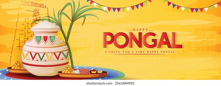 vector illustration of Pongali Celebration with Rice In Mud Pot and colourful background