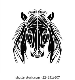 Vector illustration of Pony  logo. Flat cartoon style. A black and white drawing of a zebra's head with lines on it's face and a long mane