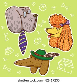 Vector Illustration With Poodle, Great Dane, Dachshund.