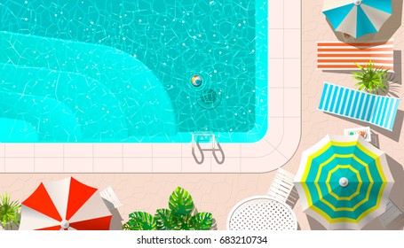 Vector illustration of pool with ball floating and deck chairs with umbrellas