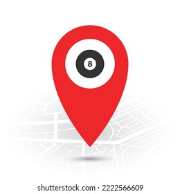 Vector illustration of Pool halls location. Simple icon in red color on White background.