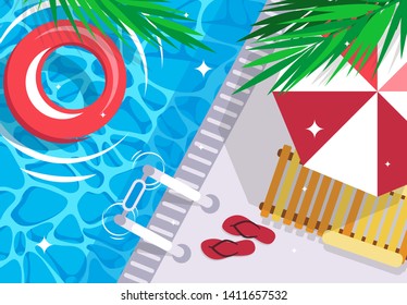 Vector illustration of pool, overhead view, parasol, flip-flops with a beach lounger, inflatable life buoy in the water, palm leaves