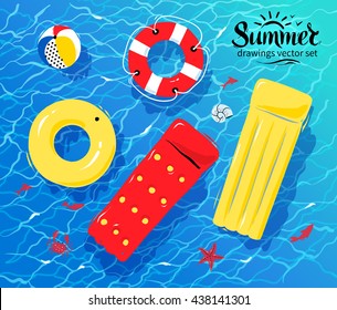 Vector illustration of pool rafts, rubber ring, beach ball and lifebuoy floating on water.