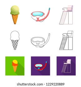 Vector illustration of pool and swimming icon. Set of pool and activity vector icon for stock.