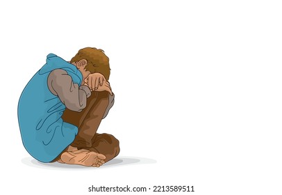 Vector illustration of poor boy begging,sitting alone and hugging knees,putting face down,street beggar boy,homeless boy,isolated on white.Underprivileged children,giving,sharing love,warmth for all.