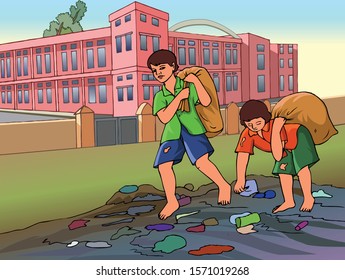 Vector illustration of poor boy and girls collection waste plastic bottles in his sack to earn his livelihood.