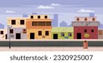 Vector illustration of a poor district of the city. Cartoon scene of a cityscape with houses, whole and boarded up, broken windows, walls, with graffiti, a road, a bench, a garbage can, a lamp post.