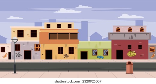 Vector illustration of a poor district of the city. Cartoon scene of a cityscape with houses, whole and boarded up, broken windows, walls, with graffiti, a road, a bench, a garbage can, a lamp post.