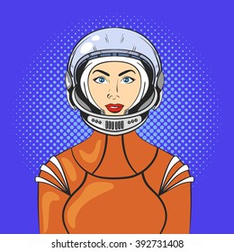 Vector illustration of pop art beautiful young woman in astronaut helmet and space suit.. Retro Style. 