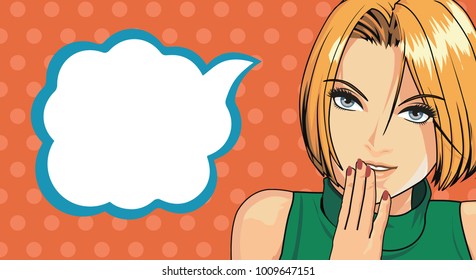 Vector illustration of pop art. The blond woman covered her mouth with her hand.