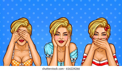 Vector illustration of a pop art blond women closed their eyes, ears, mouth with  own hands. 