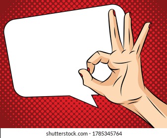 Ilustración vectorial del estilo cómico de arte pop. La mano de una mujer en un fondo rojo. Firma del acuerdo. Woman's Hand muestra el cartel "OK"
