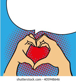 Vector illustration in pop art comic style. Retro. Hands showing heart sign. Speech bubble