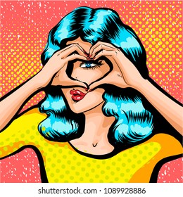 Vector illustration of pop art girl looking through the sign of heart made by her hand. Girl making sign of heart by fingers. Colored vector of young woman with light blue hairs