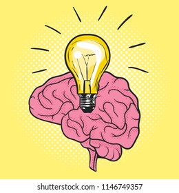 Vector illustration of pop art light bulb over the brain. Concept of new idea. Hand drawn sign. Illustration for print, web. Dotted yellow background.