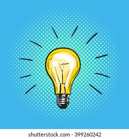 Vector illustration of pop art light bulb. Concept of new idea. Hand drawn sign. Illustration for print, web.